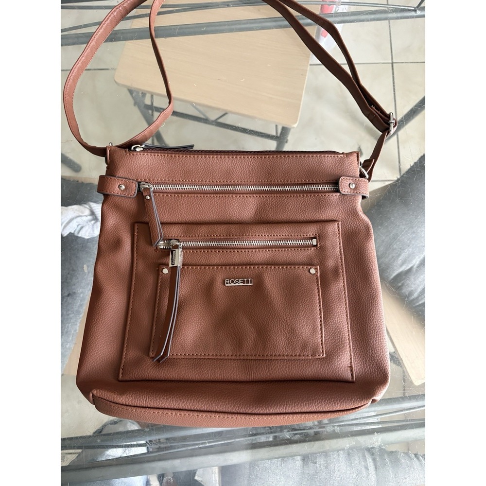 Rosetti Womens Brown Faux Leather Crossbody Shoulder Bag Purse Multi Pockets